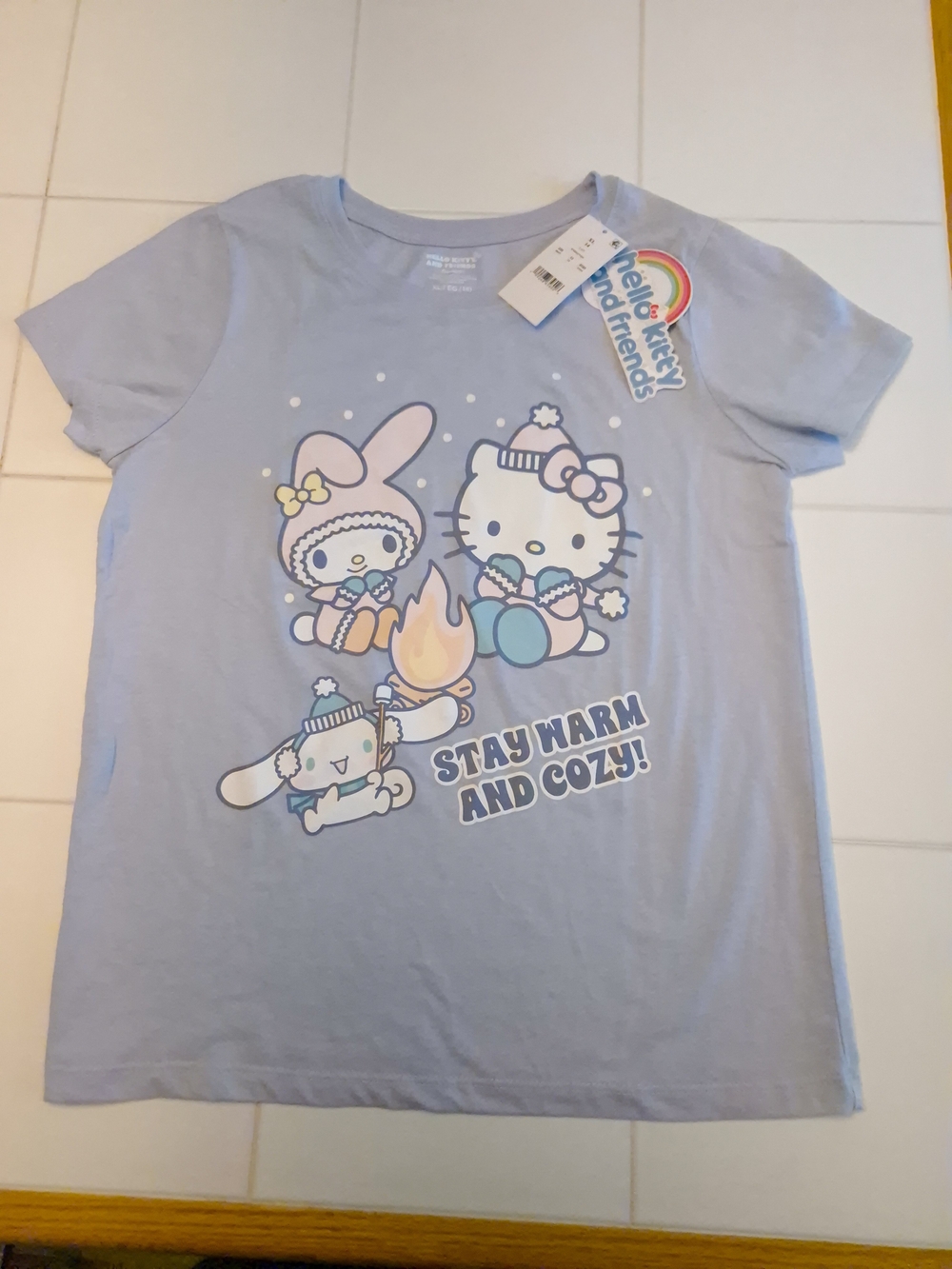 NWT XL Kids Hello Kitty Pastel Blue Short Sleeve Tee with Campfire Graphic